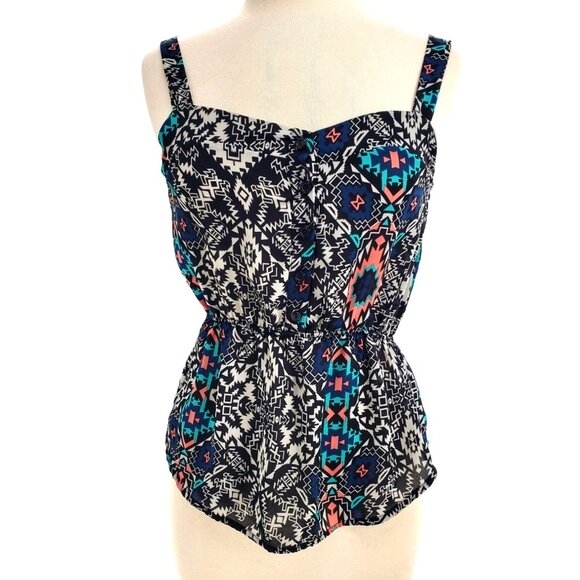 Pink Rose Sm Aztec Sleeveless Cami Blouse Button Chest Elastic Waist Peplum Top - Picture 2 of 9